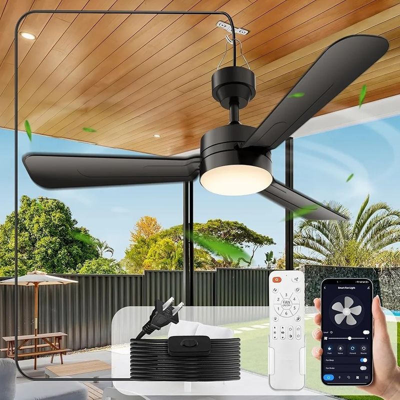 Işıklı tavan fanları, 36 inçlik LED fan lambası Kanca ile asılı,Kanca Tipi Tavan Fanı,Plug in Ceiling Fan Light,40W,3000-6500k,Uzak Kumanda,Portable Fan for Camping Bed,Patios,(Black)N DFFFFFN`